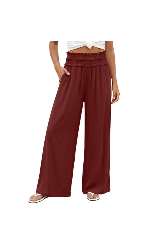 Womens Wide Leg Pants, Elastic Waist with Ruffle Trim Detail, Wrinkle Resistant Fabric with Loose Fit for Everyday Relaxed Moments Red S