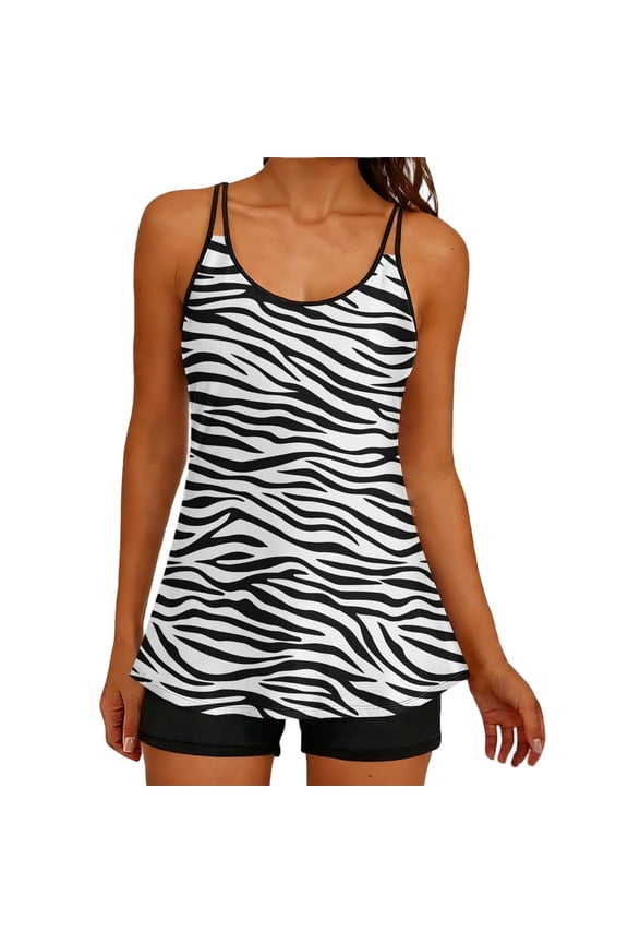 Zebra Print Double Strap Tankini Two Piece Swimsuit Tummy Control Made for Swimming Sessions and Aquatic Fun Black L