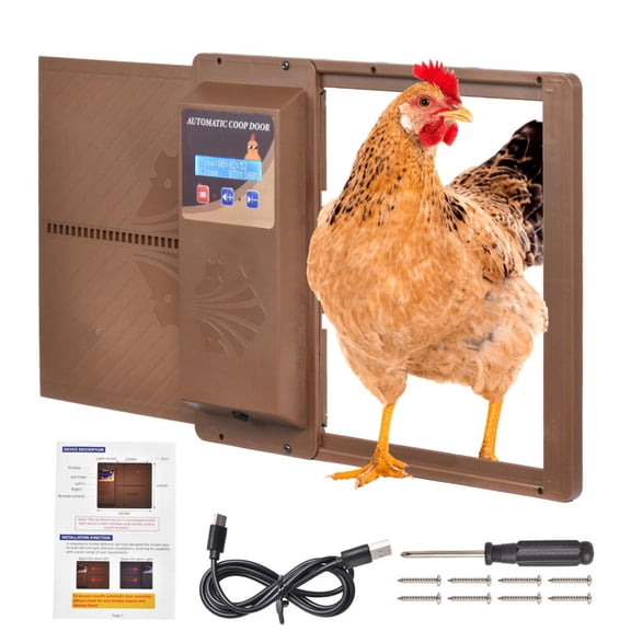 PWTOOL 10.6"x8" Farm Chicken Door - Large with Manual & Timer Mode, Automatic Chicken Coop Door, Aluminum Alloy Automatic Chicken Door, Anti-Pinch, Large Programmable LCD Screen (Coffee)