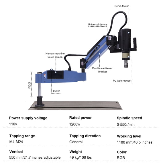 PWTOOL 1200W Industrial Flexible Arm Tapping Machine - Electric Tapping Tool with Deep Hole Processing Mode, 550mm/21.6in Vertical Reach, Ideal for Batch Processing Metal Materials