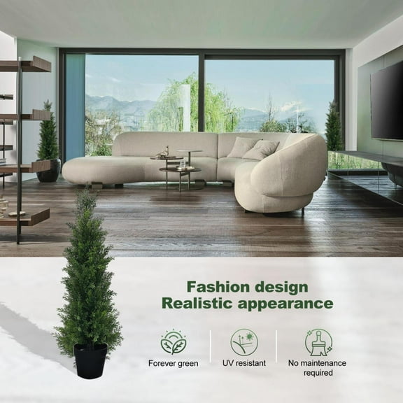 PWTOOL 2-Pcs Set Artificial Cedar Trees 3Ft, Fade-Proof PE Material & Natural Color Decorative Fake Trees, Easy-Clean Indoor/Outdoor Greenery for Home Balcony Office