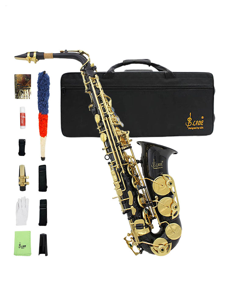 PWTOOL Alto Saxophone Drop E Brass Sax Full Kit for Student Beginners with Carving, Mouthpiece, Carrying Case, Gloves, Cleaning Cloth Bar (Black & Gold)