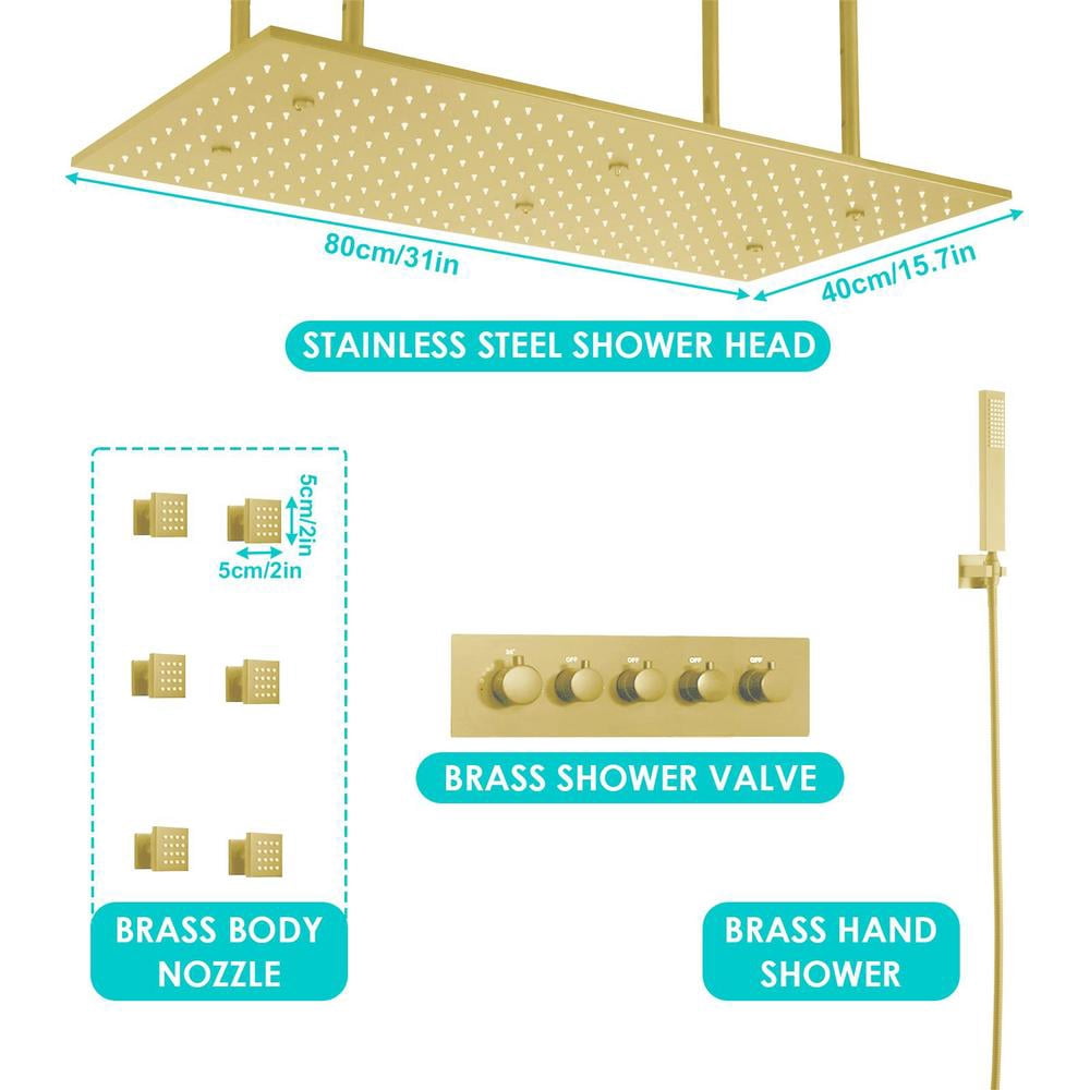 PWTOOL Bathroom Gold Shower Faucet Set Brushed Gold Mist Ceiling Shower ...