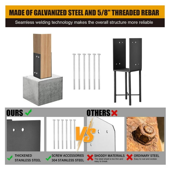 PWTOOL Deck Railing Supports U Shaped Base, 4-Pack Galvanized Post Brackets, 4x4 & 6x6 Inch Concrete Mount Kits