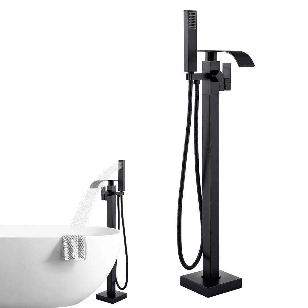 Black Freestanding Tub Faucet - Floor Mount Brass Bathtub Filler With High Flow Waterfall Spout & 360° Swivel