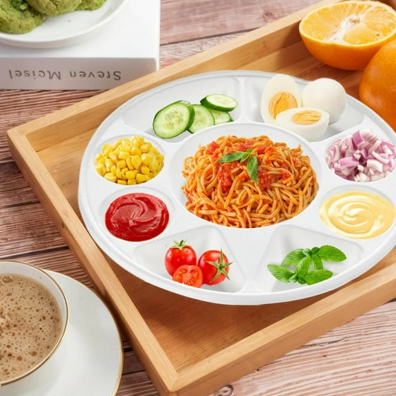 PWTOOL Heavy Duty Sugarcane Plate, Round Serving Plate with 9 Compartment, 100 Pcs, for Wedding Receptions