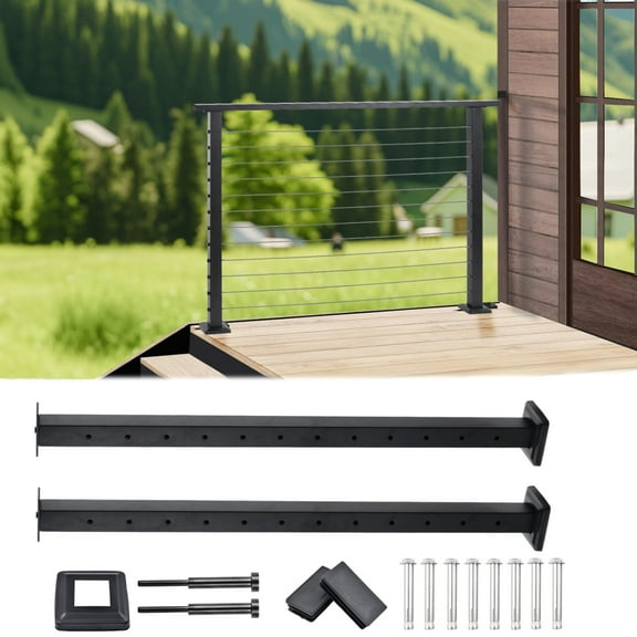 PWTOOL Matte Black Cable Railing Kit Rust-Resistant 42in Posts + 55in Hand Rail Balcony Handrail