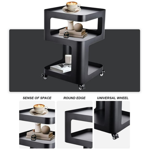 PWTOOL Portable End Table with Adjustable Mobile Base, 3-Level 15.75 Inch² Silent Rolling Nightstand for Apartment, Office, RV