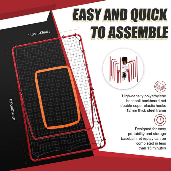 PWTOOL Portable Rebound Net for Baseball & Volleyball, Foldable 6x3.6 Ft/180x110cm Rebound Trainer with Angle Adjustment