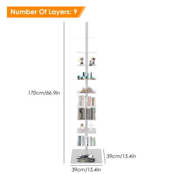 PWTOOL Spine Book Tower Shelf, 9-Tier Space-Saving Metal Bookcase, Tall Narrow Design for Home Study Corner, DIY Office Storage Solution(White)