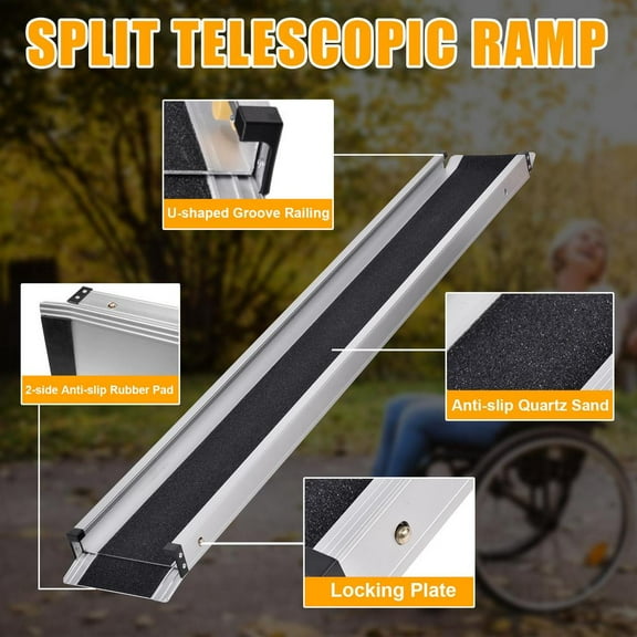 PWTOOL Telescopic Aluminum Wheelchair Ramp, 661LBS ADA Ramp with Anti-Skid Surfaces, Portable 7.44Inch Wide Mobility Access Solution