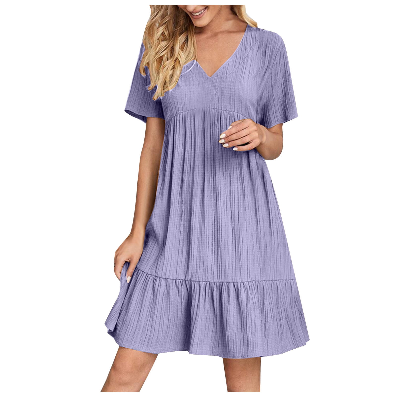 Pxevl Fit And Flare Dress For Women Deep V Neck Short Sleeve Swing Mini Dress A Line Pleated 3557