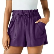 PXEVL Women Yoga Short Cotton Mid-Waisted Straight Lounge Shorts Loose Fitting Solid Color Boxing Shorts with 2 Pockets Purple XXL