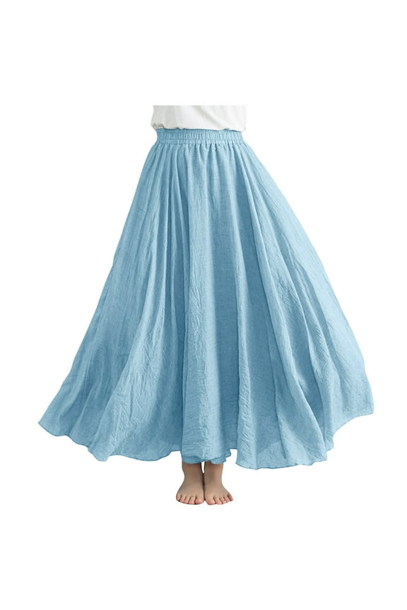 Women’s Pleated Midi Skirts Flowy Boho A Line Long Skirts Casual High Elastic Waist Summer Swing Skirts with Pockets Sky Blue Free Size