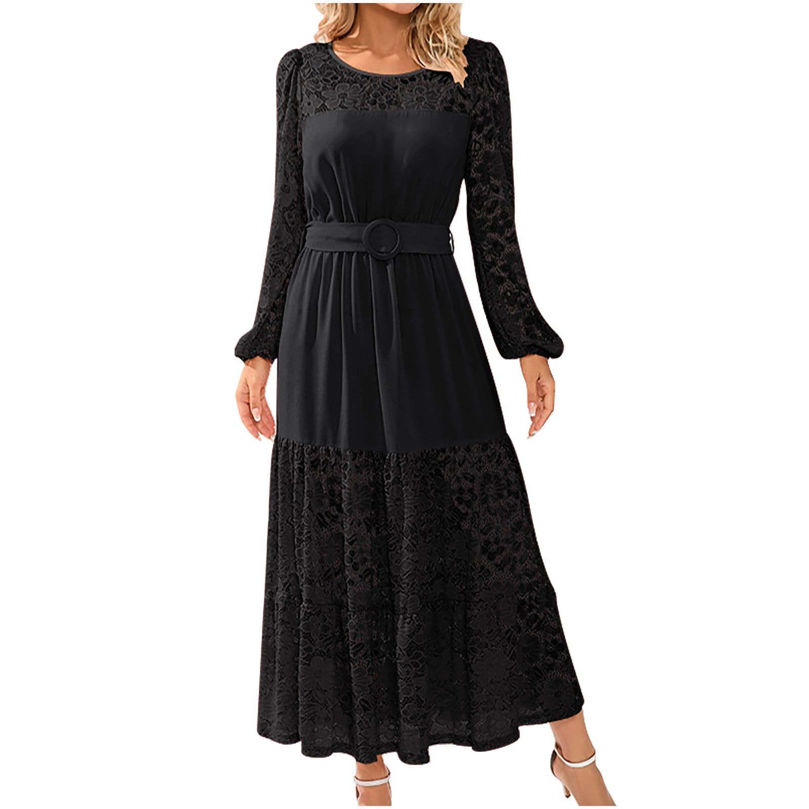 PXEVL Womens Formal Dresses for Wedding Guest Lantern Sleeve Crewneck ...