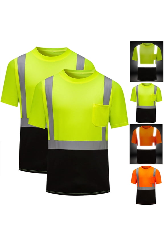 2PC High Visibility Short Sleeve Reflective Safety T-Shirt, Hi Vis Shirts for Men Heavy Duty Breathable Wicking Sun Protection Construction Work Shirts with Black Bottom Orange,XXXL