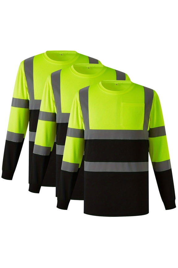 3pcs Safety Reflective High Visibility Shirt for Men, Long Sleeve Hi Vis Class 3 T Shirt Durable Construction Work Shirts with Reflective Strips Yellow,XXXL