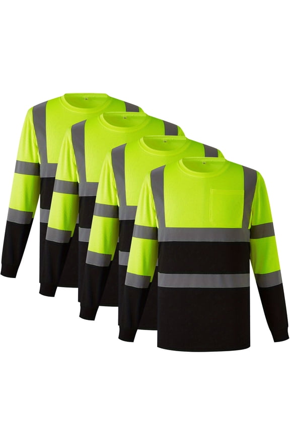 4pcs Hi Vis Shirts for Men Class 3 High Visibility Shirt, Reflective Safety Shirts for Men Long Sleeve Construction Work Shirts with Reflective Strips Red,L