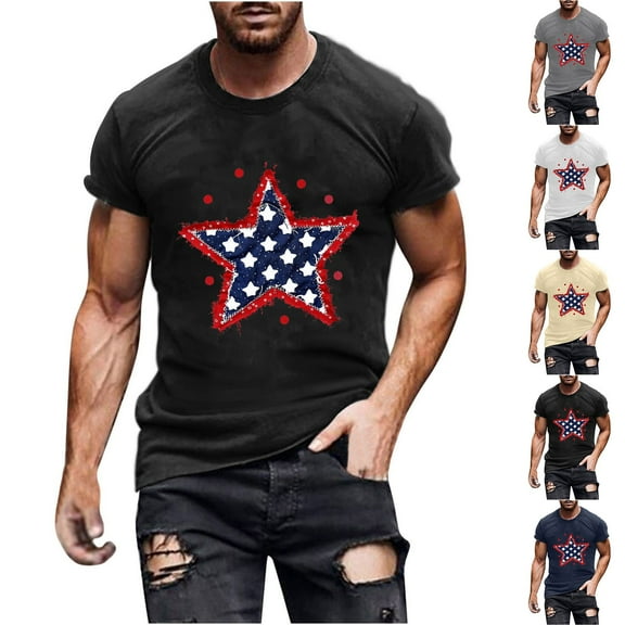 PXLKNZH 4th of July Shirts for Men Short Sleeve Tops Patriotic American Flag Tees 2025 Summer Crewneck Tshirt,Dark Blue,L