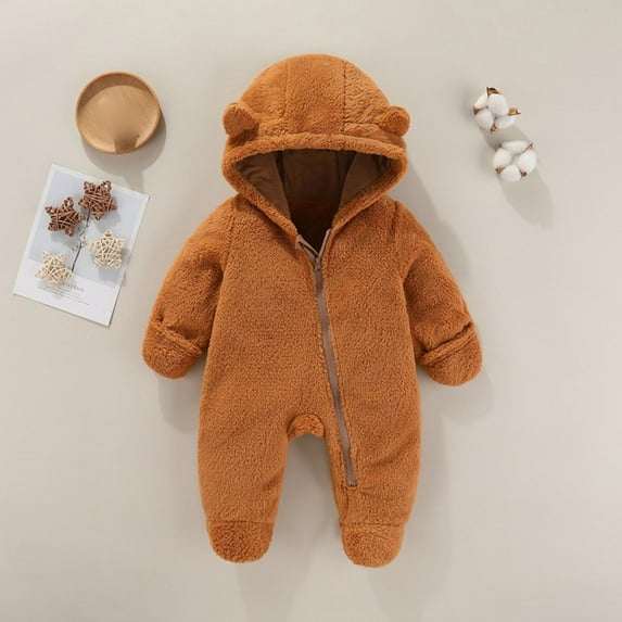 PXLKNZH Baby Fleece Jumpsuits Infant Bear Ear Snowsuit Newborn Long Sleeve Zipper Hooded Romper Warm Coat 0-12M Brown,9 Months