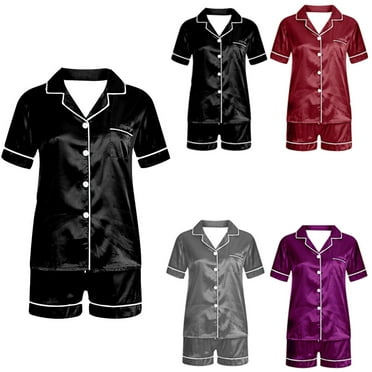 PXLKNZH Boys Girls Satin Pajamas Button-Down Silk Pajamas 2 Pieces Sleepwear PJS Set for Kids Short Sleeve Casual Loungwear Dark Gray,2 Years