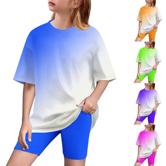 PXLKNZH Boys Girls Summer Clothes Gradient Printed Drop Shoulder T-Shirts and Biker Shorts 2 Piece Outfits Kids Fashion Clothing Sets 5-15Years Hot Pink,12 Years
