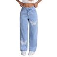 thumbnail image 1 of PXLKNZH Butterfly Wide Leg Jeans for Women High Waisted Trendy Y2K Straight Leg Jeans Vintage Baggy Denim Pants with Pockets Light Blue L, 1 of 8