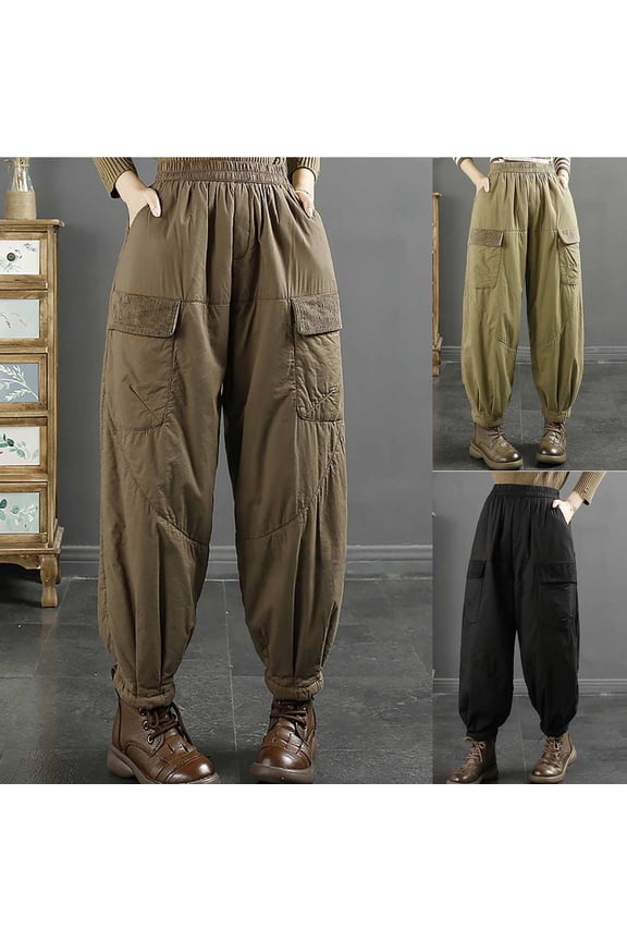 Cargo Pants for Women Elastic High Waisted Baggy Puffer Pants Casual Loose Fit Winter Warm Lounge Pants with Pockets Green,XL