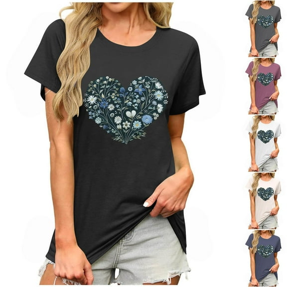 PXLKNZH Flower Print Short Sleeve Tops for Women Crew Neck Casual Summer Shirts Loose Fit Going Out Graphic Tees,White,XXL