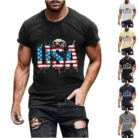 PXLKNZH Men's American USA Flag Patriotic T-Shirts 4th of July Shirts US Eagle Flag Soft Summer Round Neck Short Sleeve Shirt,Black,L