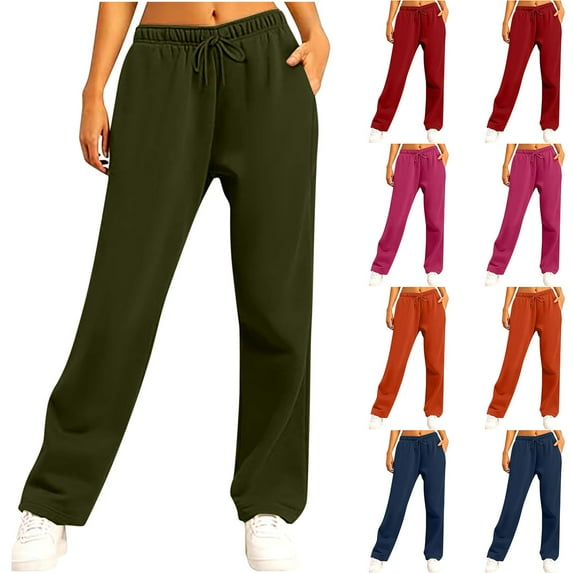 PXLKNZH Fleece Joggers for Women Drawstring High Waisted Wide Leg Straight Sweatpants Casual Loose Fit Workout Sweat Pants Blue,L