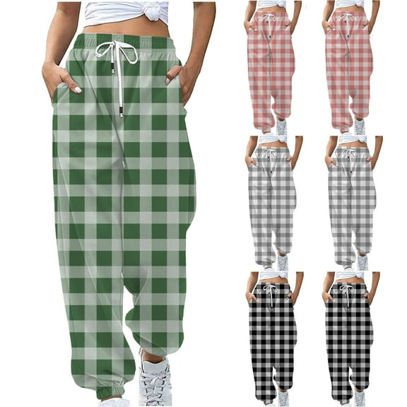 PXLKNZH Fleece Lined Joggers Women Trendy Plaid High Rise Cinch Bottom Sweatpants Drawstring Waist Casual Pants with PocketsBlack,L