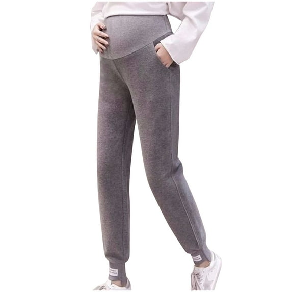 PXLKNZH Fleece Lined Maternity Pants Women's Comfy Yoga Pregnancy Joggers Pants Winter Thermal Warm Loose Over The Belly Workout Sweatpants Harem Casual Lounge Pants with Pockets Gray,L