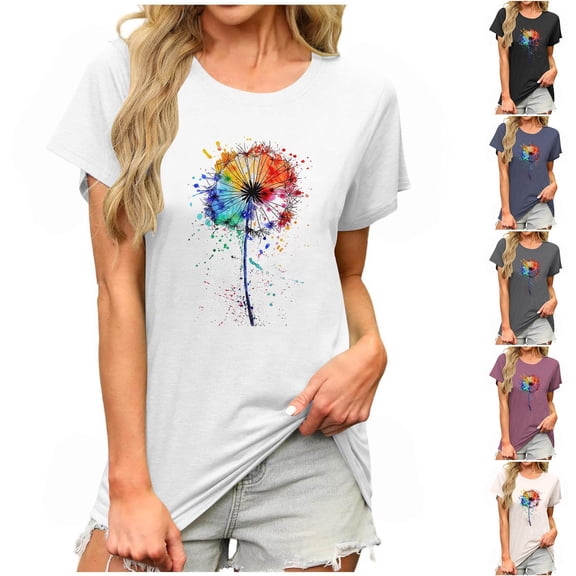 PXLKNZH Flower Print Short Sleeve Tops for Women Crewneck Casual Summer Shirts Loose Fit Going Out Graphic Tees Vacation Sale,Beige,L