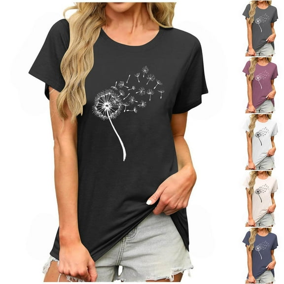 PXLKNZH Flower Print Short Sleeve Tops for Women Round Neck Casual Summer Shirts Loose Fit Going Out Graphic Tees,Black,M