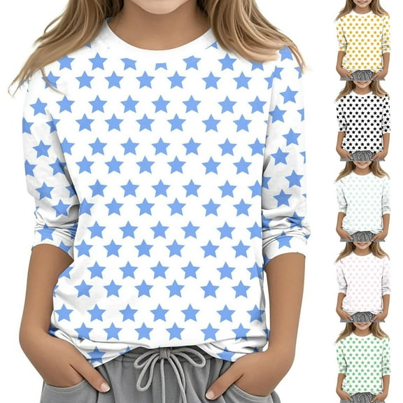 PXLKNZH Girls 3/4 Sleeves T-Shirt Kids Casual Stars Print Cute Tunic Tops Loose Comfy Soft Tees Blouses 3-12 Years Yellow,150