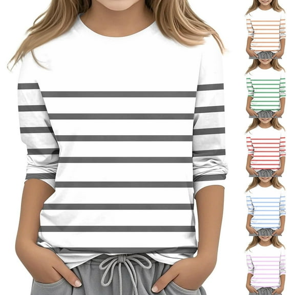 PXLKNZH Girls Casual 3/4 Sleeve T Shirts Kids Loose Soft Striped Color Block Tunic Tops Loose Soft Tees Blouses Size 3-12 Years Orange,110