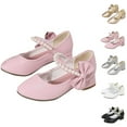 thumbnail image 1 of PXLKNZH Girls Dress Shoes Closed Toe Girls Heels Rhinestone Bow Flower Girls Shoes for Wedding Party Princess Shoes for Little/Big Kids 4-16Years Silver,6 Years, 1 of 1