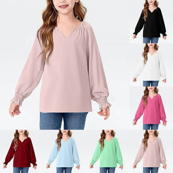 PXLKNZH Girls' Puff Sleeve T Shirts Spring Summer Cute V-Neck Basic Tees Loose Soft Casual Blouse Solid Stylish Fall Tops for 6-16Years Green,140