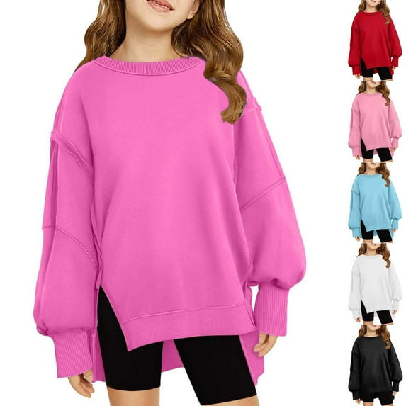 PXLKNZH Girls Side Split Oversized Sweatshirt Solid Color Long Sleeve Crewneck Sweatshirts Kids Lightweight Cute Pullover Tops 5-14 Years Pink,7 Years