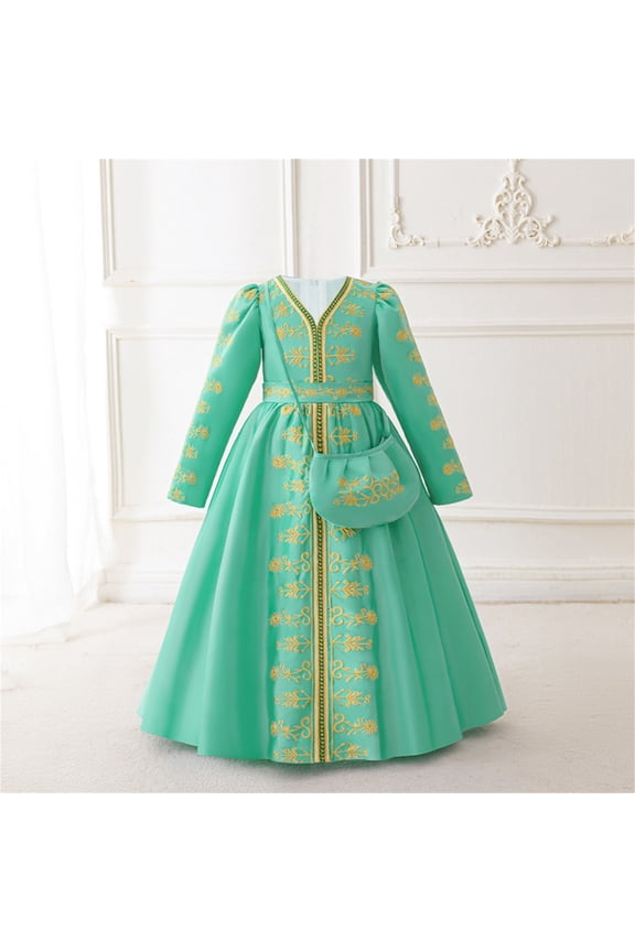 Gold Embroidered Muslim Dress for Girls Long Sleeve V Neck Abaya Kaftan Prayer Dress with Bag Maxi Dress Wedding Bridesmaid Holiday Ballgown 4-8Years Green,4 Years