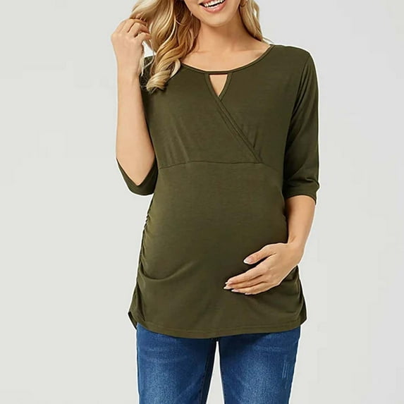 PXLKNZH Half Sleeve Maternity Tops Shirts for Women Ruched Sides Casual Mama Pregnancy Blouses Clothes Comfy V Neck Wrap Pregnancy Tunic Top Green,M