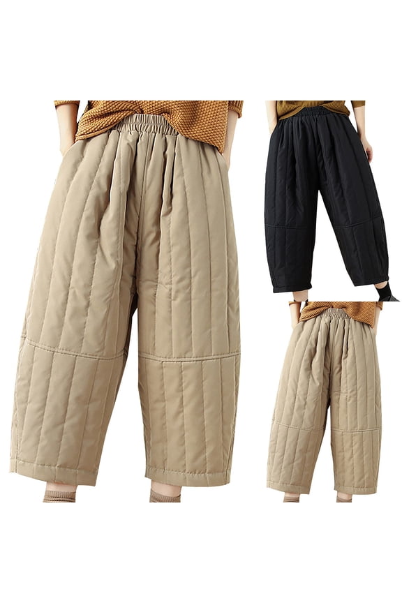 Harem Pants for Womens Elastic High Waisted Baggy Lounge Puffer Pants Winter Warm Vintage Quilted Pants with Pockets Black,XL