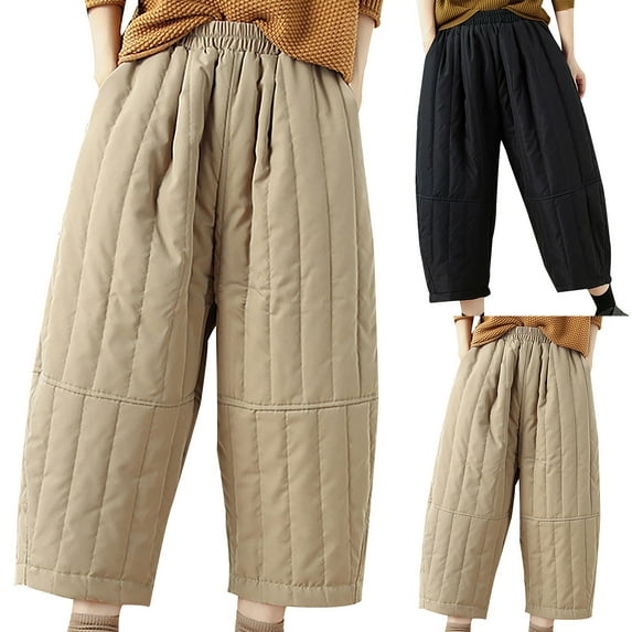 PXLKNZH Harem Pants for Womens Elastic High Waisted Baggy Lounge Puffer Pants Winter Warm Vintage Quilted Pants with Pockets Khaki,XXL