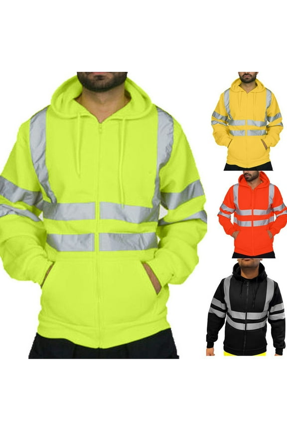 Hi-Vis Safety Sweatshirt for Men, High Visibility Zip-Up Hooded Sweatshirt Construction Workwear Fleece Lined Pockets Hoodie Work Utility Reflective Jackets Green,XXL