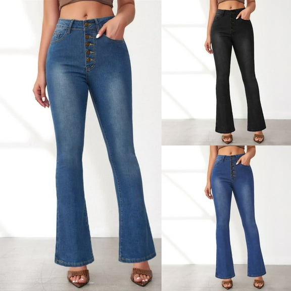 PXLKNZH High Waisted Jeans for Women Stretch Flare Bootcut Denim Pants Button Front Slim Comfy Pants,Blue,S