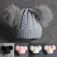 thumbnail image 1 of PXLKNZH Kids Boys & Girls Winter Soft Warm Knitted Beanie Hat with Faux Fur Pom Pom Ears Ski Hat Beige, 1 of 4