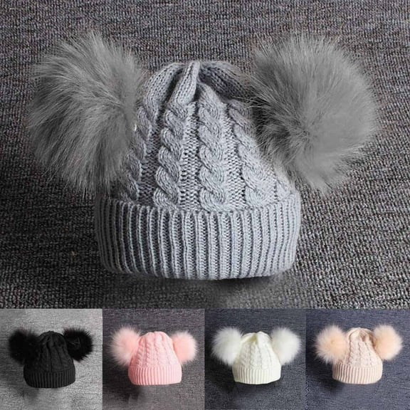 PXLKNZH Kids Boys & Girls Winter Soft Warm Knitted Beanie Hat with Faux Fur Pom Pom Ears Ski Hat White