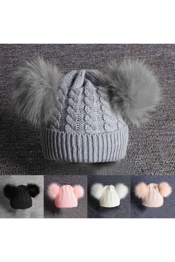 Kids Boys & Girls Winter Soft Warm Knitted Beanie Hat with Faux Fur Pom Pom Ears Ski Hat White
