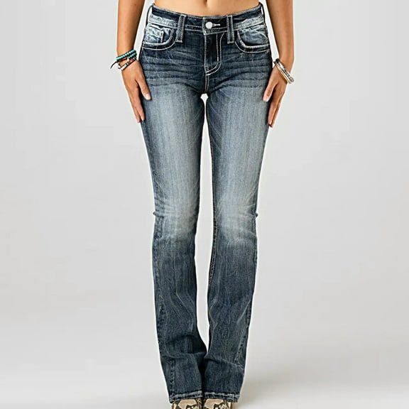 PXLKNZH Low Rise Jeans for Women Stretch Bootcut Jeans Embroidery Pocket Detail Skinny Jeans 90s Straight Leg Denim Pants Navy,M